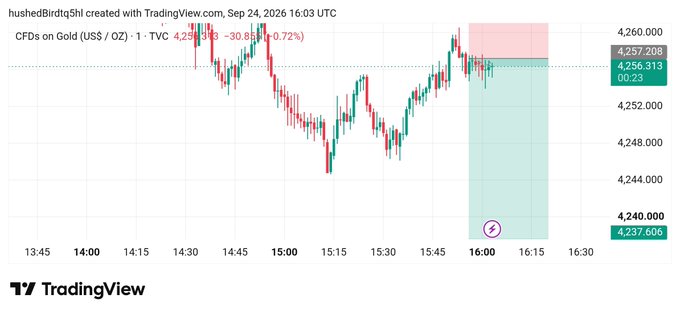 TradingView chart of 'CFDs on Gold (US$ / OZ)' showing a price of 4,256.313 with a 0.72% change, timestamped Sep 24, 2026.