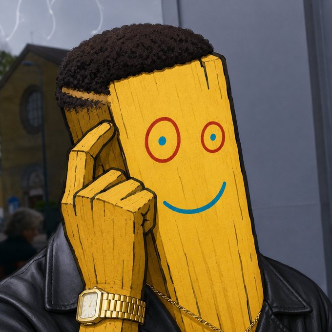 Street art-style illustration of a figure wearing a black leather jacket and gold watch, whose face is a yellow wooden plank with a red smiling face and afro hair made of dark material.