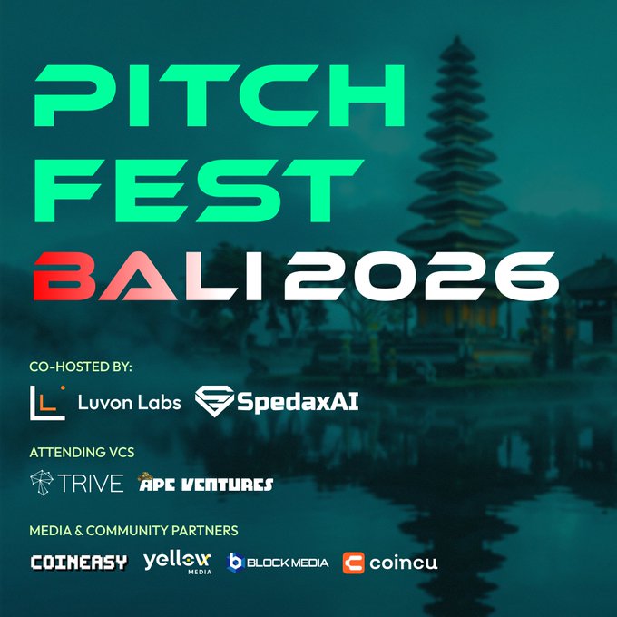 A promotional graphic for Pitch Fest Bali 2026 co-hosted by Luvon Labs and SpedaxAI, featuring attending VCs Trive and APG Ventures, with media partners Coineasy, Yellow Media, Blockmedia, and Coincu.