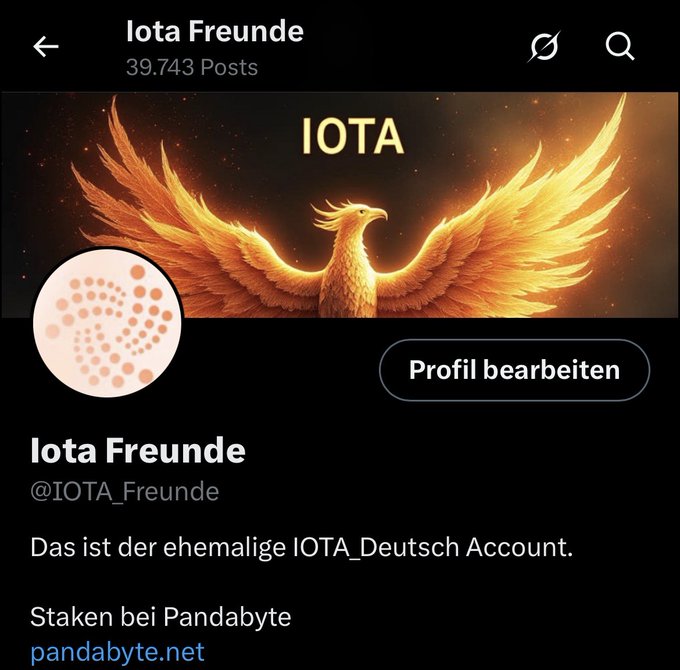 A social media profile for 'Iota Freunde' (@IOTA_Freunde) with 39,743 posts, featuring a golden phoenix banner with 'IOTA' text, a profile edit button, and German text noting it is the former IOTA_Deutsch account with staking info for Pandabyte.net.