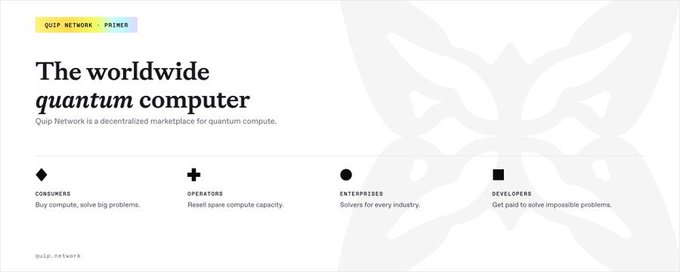 A minimalist white webpage for 'QUIP NETWORK' promotes 'The worldwide quantum computer' as a decentralized marketplace for quantum computing, listing four user categories: Consumers, Operators, Enterprises, and Developers.
