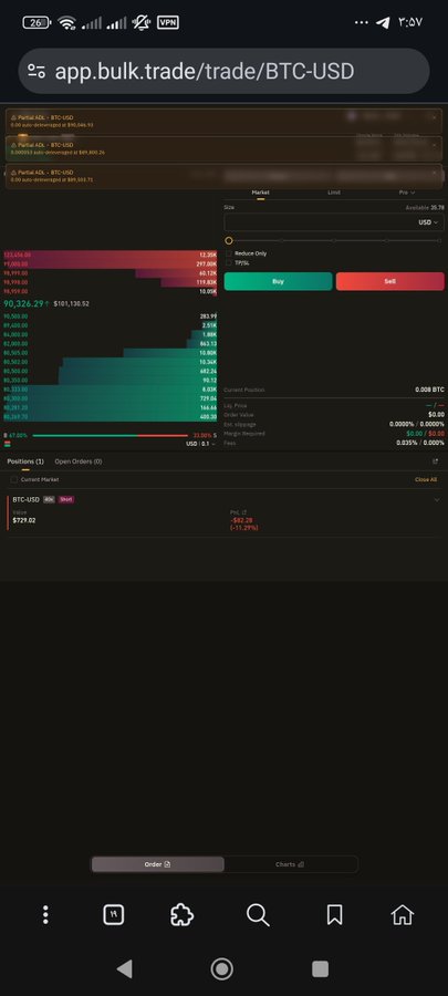 Mobile screenshot of a cryptocurrency trading interface on 'app.bulk.trade/trade/BTC-USD' showing an order book with buy/sell options at $90,326.29 and a current BTC-USD position with PnL of -$52.28.