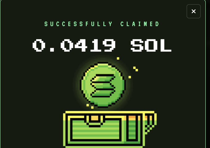 A pixel-art style notification reading 'SUCCESSFULLY CLAIMED 0.0419 SOL' with a green Solana (SOL) coin icon and an open treasure chest on a black background.