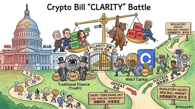 An illustrated infographic titled 'Crypto Bill CLARITY Battle' depicting political figures, bulls, bears, and regulators in a cartoon landscape showing the legislative battle over crypto regulation.