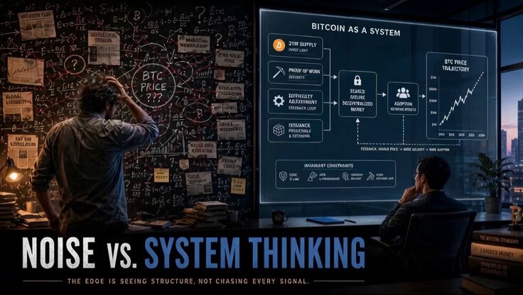 The image shows two men standing next to each other, with one man looking at a computer screen displaying information about Bitcoin as a system thinking tool. The other man is sitting down, possibly reading or working on something else. In the background, there are several books and papers scattered around, suggesting that they might be involved in some form of research or study related to Bitcoin and its systems.