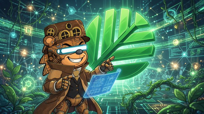 A steampunk-style beaver mascot with glowing cybernetic goggles and a translucent blueprint gestures proudly beside a giant green leaf, set against a vibrant digital network backdrop of interconnected nodes and holographic data streams. The image visually reinforces the post's message about CNPY Network's accessible, community-driven blockchain infrastructure, with the "793k virtual chains" milestone symbolized by the sprawling, intricate web of connections surrounding the character.