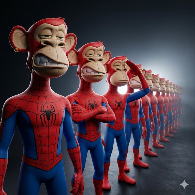 A row of identical Spider-Man figures with monkey-like faces and red suits lined up in a dark environment.