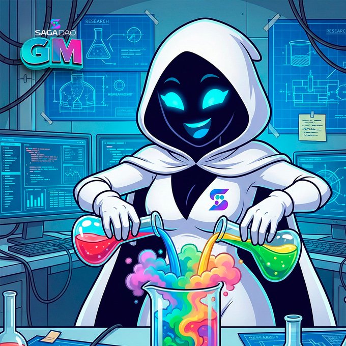 A vibrant digital illustration of a hooded, shadowy figure with glowing blue eyes working in a laboratory, pouring colorful liquids from beakers into a bubbling flask, branded with 'SAGADAO GM' in the corner.