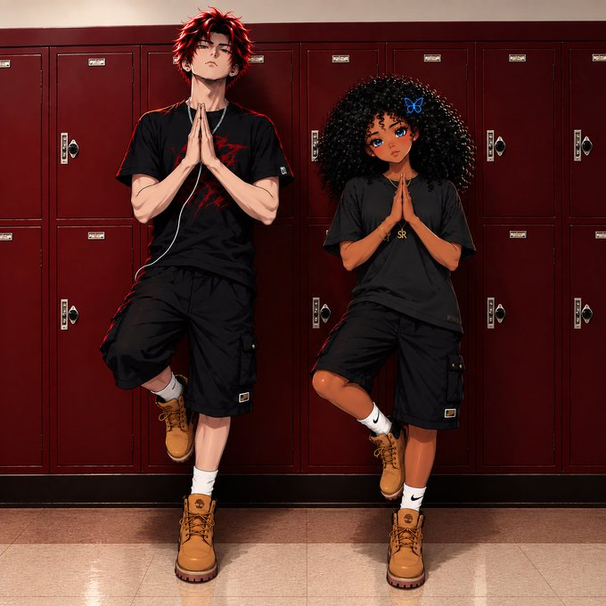 An anime-style illustration shows two characters doing a tree pose meditation in front of red school lockers, with the left figure having red hair and the right figure having dark curly hair with a butterfly clip.