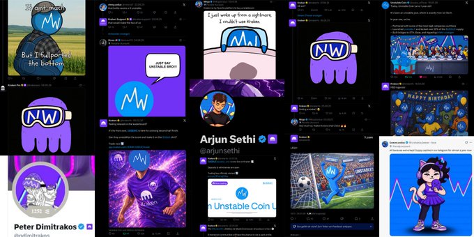 A collage of purple-themed social media posts and graphics featuring a blue circular logo with a white squiggly line, including references to "Arjun Sethi @arjunsethi" and "Peter Dimitrakos" and the text "But I'll outperform the bottom" and "JUST GAK UNSTABLE $BOB!".