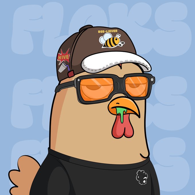 Cartoon illustration of a chicken wearing orange sunglasses, a brown cap with a bee logo and 'BEE-LIEVER' text, and a black shirt with 'FLOCKS' pattern in the background.