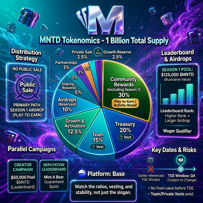 An infographic detailing "MNTD Tokenomics - 1 Billion Total Supply," showing distribution percentages including Community Rewards (30%), Treasury (20%), Team (15%), and noting "No public sale" with the primary path being a Season 1 airdrop.