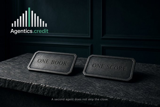 An Agentics.credit promotional image with a logo showing two dark metal plates reading 'ONE BOOK' and 'ONE SCORE' on a dark stone surface, with the tagline 'A second agent does not skip the close.'