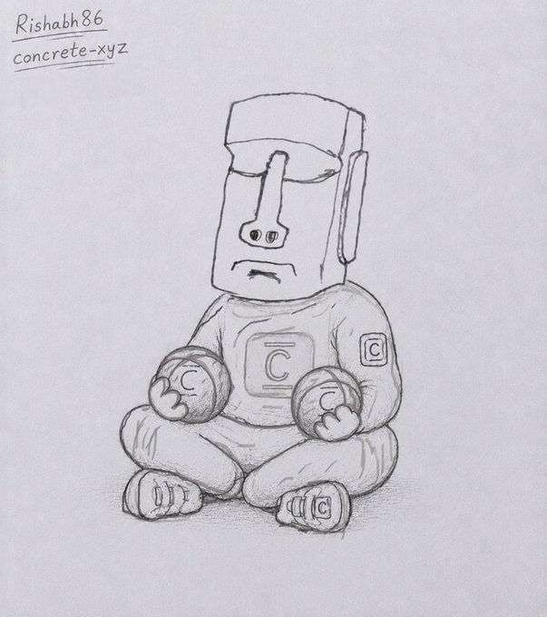 A pencil sketch of a blocky, robot-like figure with a rectangular head sitting cross-legged, signed 'Rishabh86 concrete-xyz'.