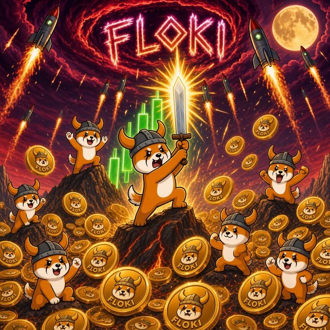 A digital illustration featuring cartoon Shiba Inu dogs wearing Viking helmets holding a sword, surrounded by gold 'FLOKI' coins, with rockets and a full moon in a fiery red sky.