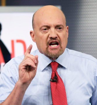 A bald man with a goatee, wearing a light blue dress shirt and red tie, speaks emphatically with his finger raised. The post suggests the man is Jim Cramer delivering bearish commentary on GameStop ($GME).