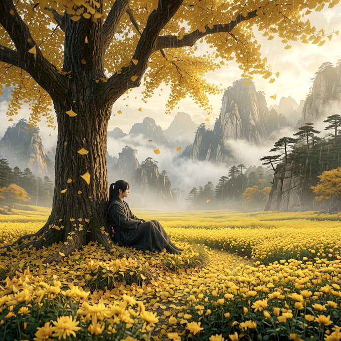 The image features a woman sitting under a large tree with yellow leaves, surrounded by a field of flowers. The scene appears to be set in a mountainous area or near a forest, creating an impression of tranquility and natural beauty. The photo is captioned "GM GN everyone! scale in, don' go all at once gRax @RaxFinance".
