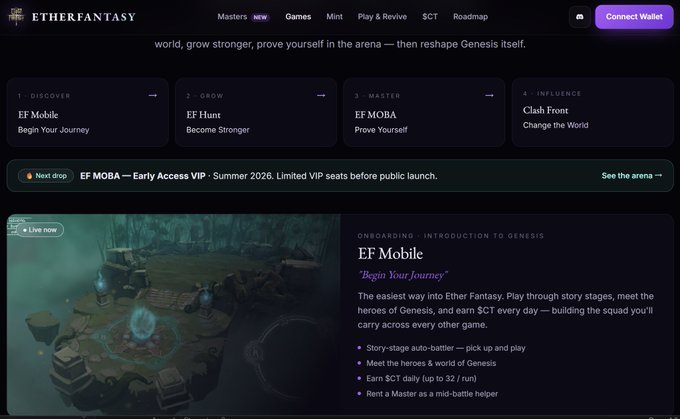 A screenshot of the etherfantasy.com login page with a list of characters, including one just minted for Genesis, along with a banner for a new website calledetherfantasy.com/token.