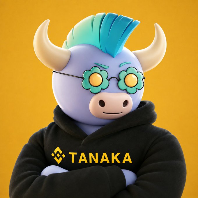 A 3D-rendered purple bull mascot with a teal mohawk and flower-shaped sunglasses wears a black hoodie displaying the "TANAKA" logo and Binance symbol, arms confidently crossed against an orange background—fitting the post's bullish sentiment about $BNB memes and the CZ coin showdown.