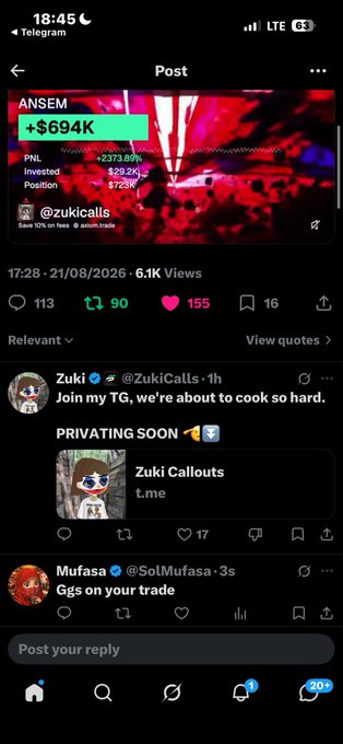 The image shows a Telegram post from "ANSEM" displaying a trading screenshot with gains of "+$694K" (+237.69%), along with PNL, Invested ($29.2K), and Position ($723K) figures attributed to @zukicalls, with 6.1K views and 155 likes. The caption references a Solana contract address, suggesting this is promotional content related to a crypto token callout or trade announcement.