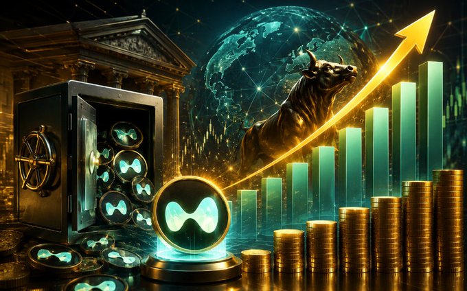 A bullish graphic features a vault filled with coins and a bull statue set against rising green bar charts and an upward yellow arrow.