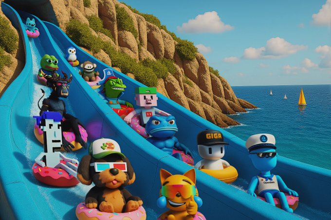 A vibrant 3D-rendered scene shows various cartoon characters, animals, and figures sliding down a blue water slide on inner tubes toward an ocean, with rocky cliffs in the background.