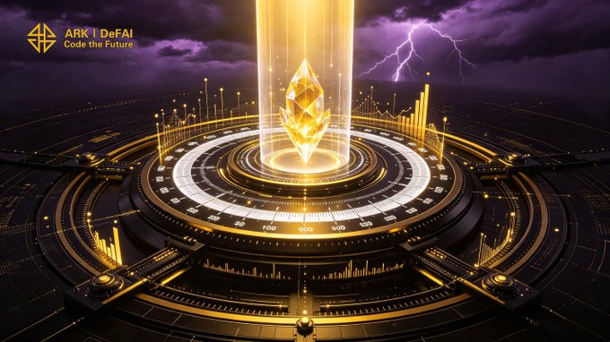 A glowing golden crystal floats above a high-tech circular platform marked with numerical scales (0, 100, 200), set against a stormy purple sky with lightning, alongside the "ARK | DeFAI – Code the Future" logo. The image visually echoes the post's message of building strength through uncertainty—portraying the storm as the volatile crypto market, while the radiant, grounded crystal and advanced technological interface symbolize Arkie's resilient AI-powered platform powering through every cycle.