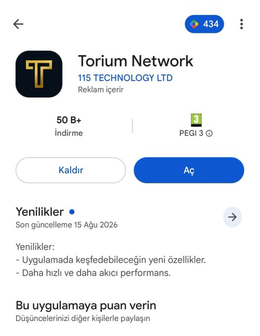 The Google Play Store listing for the 'Torium Network' app by 115 TECHNOLOGY LTD, showing a 50K+ downloads badge and Turkish text.
