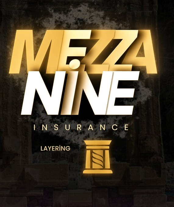 Promotional graphic for "MEZZANINE INSURANCE" featuring the word "LAYERING" and a golden pillar/column icon against a smoky dark background.
