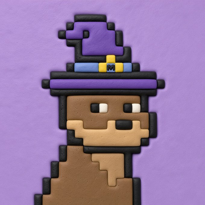 A 3D-rendered pixel art character with dark skin and a purple and black hat stands against a purple background, with a small yellow 'M' block on its head.