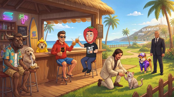 A whimsical Solana beachside scene shows a tiki bar labeled "SOLAN" with people in crypto-themed attire (including a man in a strawberry mask) enjoying drinks alongside various dogs, while a man in a suit kneels to pet a cat near a hill labeled "SOLANGELES," all tying into the casual "gm" (good morning) greeting common in the crypto community.