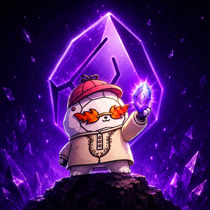 Crypto/NFT-style illustration of a cartoon bear character wearing a red cap and traditional embroidered coat, holding a glowing purple crystal against a cosmic purple background with a large Ethereum-style diamond emblem.
