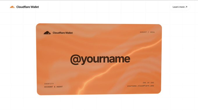 A webpage screenshot for 'Cloudflare Wallet' displaying an orange digital card design with '@yourname' placeholder text, dated August 2026, with 'IDENTITY ACCOUNT & AGENT' and a 'yourname.cloudflare.dao' web address.