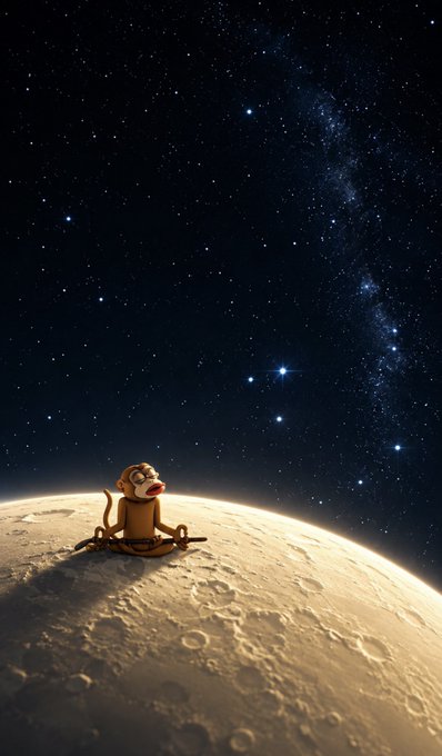 A small cartoon monkey sits on the cratered surface of the moon or a planet, looking up at a starry night sky with the Milky Way visible in the background.