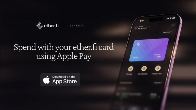 The image features a cell phone displaying an advertisement for using Apple Pay, which encourages users to spend their etherfic card at participating merchants. The text on the screen reads "Spend with your etherfic Card using Apple Pay", suggesting that the user can use their etherfic card as payment for purchases made through the app.