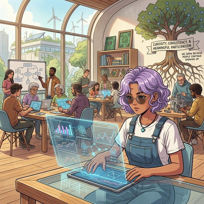 An illustrated scene of a bustling collaborative workspace where a purple-haired young woman in overalls works on a futuristic transparent tablet displaying growth and data analytics graphs, while a sign in the background reads 'CURIOSITY, CONSISTENCY, & MEANINGFUL PARTICIPATION' and 'WE GROW BECAUSE PEOPLE CONTINUE SHOWING UP'.