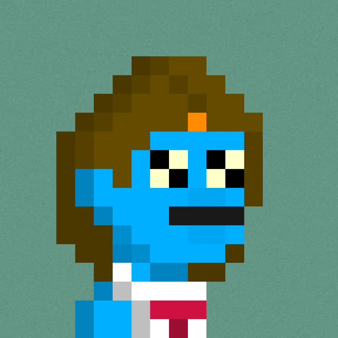 A pixel art portrait of a character with brown hair, blue skin, and a white and red outfit against a sage green background.