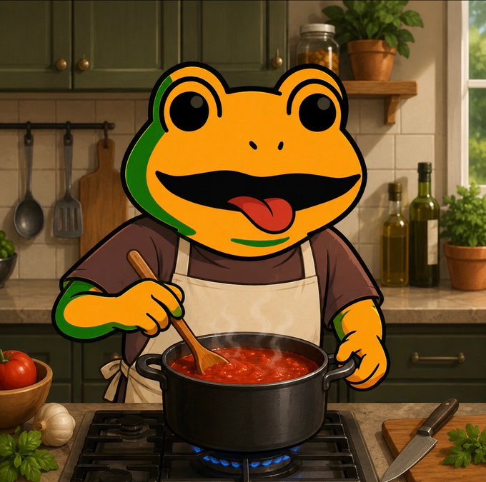 A cartoon frog character wearing an apron stirs a pot of red sauce on a stove in a kitchen filled with cooking ingredients and utensils.
