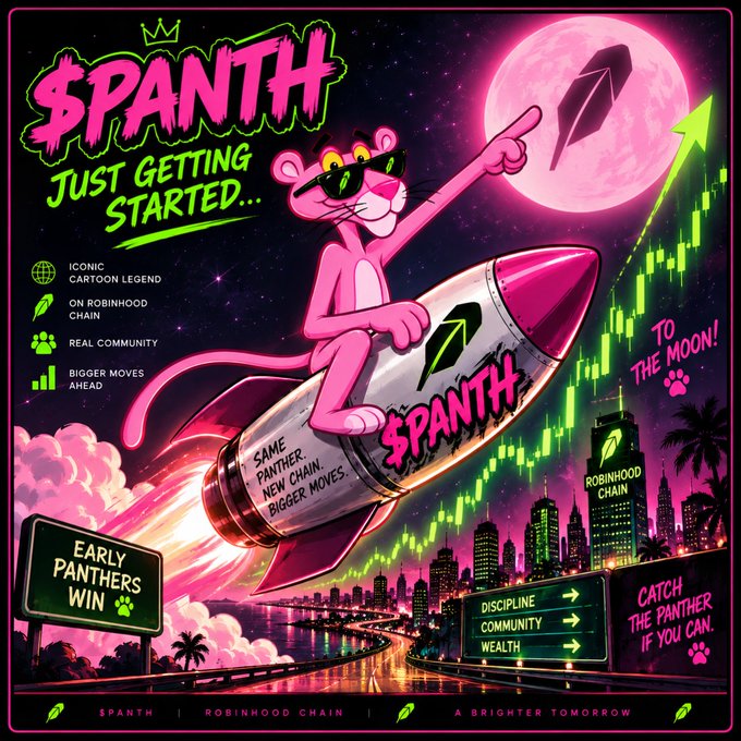 A vibrant pink and green promotional graphic for '$PANTH' featuring the Pink Panther character on a rocket, with text including 'JUST GETTING STARTED...', 'TO THE MOON!', 'ICONIC CARTOON LEGEND', 'ON ROBINHOOD CHAIN', and 'EARLY PANTHERS WIN'.