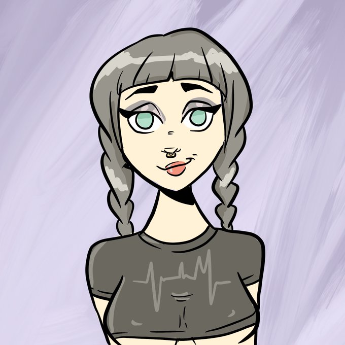 A cartoon-style illustration of a young woman with gray braided hair, green eyes, and a nose ring, wearing a gray t-shirt with an 'M' design on a light purple background.