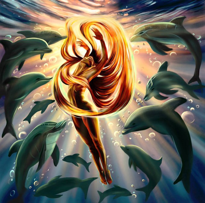 The image features a woman with long hair, possibly blonde, standing underwater surrounded by numerous fish. She appears to be dancing or playing around in the water while her hair flows behind her. The background of the image shows more fish swimming around her, creating an immersive and lively scene. The caption "Good Morning Fire learns to Flow" suggests that the woman's movements are a reflection of the flow of energy or power within the underwater world depicted in the painting.