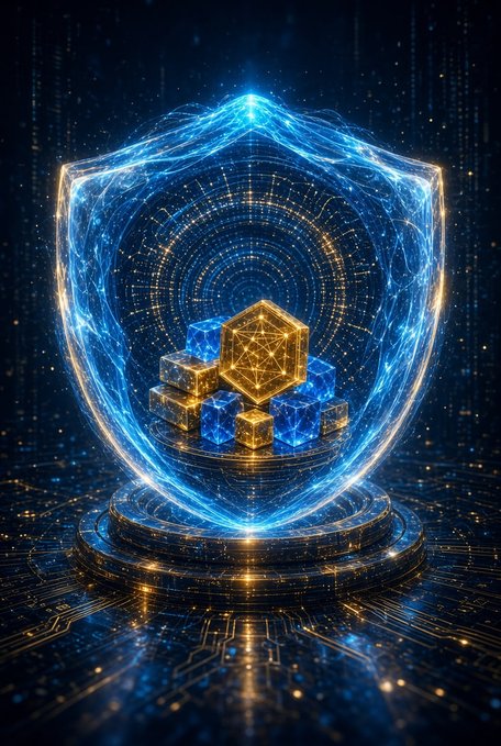 A digital art illustration showing a glowing blue energy shield protecting stacked blue and gold cryptocurrency cubes, set against a dark circuit board background.