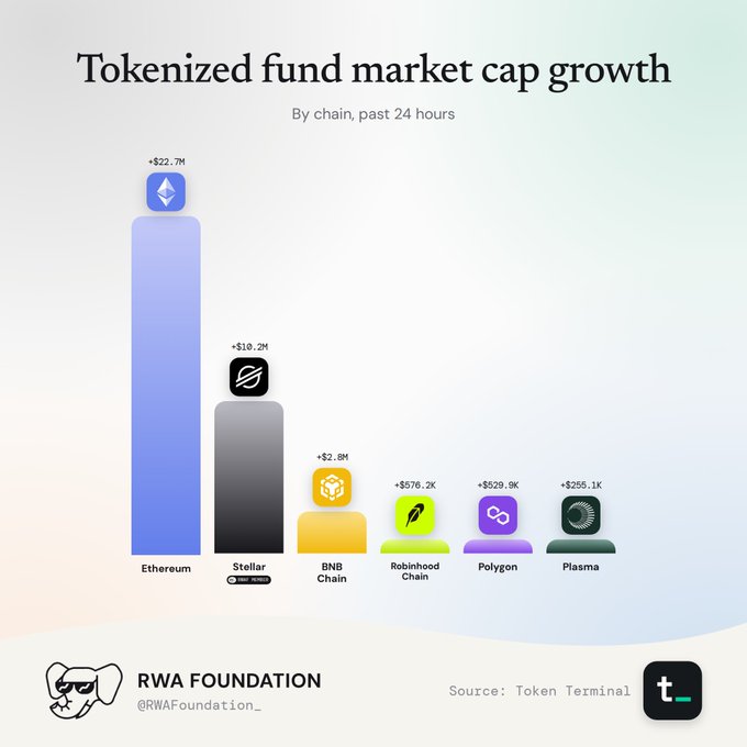 Bar chart titled 'Tokenized fund market cap growth' showing Ethereum (+$22.7M), Stellar (+$10.2M), BNB Chain (+$2.8M), Robinhood Chain (+$576.2K), Polygon (+$529.9K), and Plasma (+$255.1K) over the past 24 hours, sourced from Token Terminal by RWA Foundation.