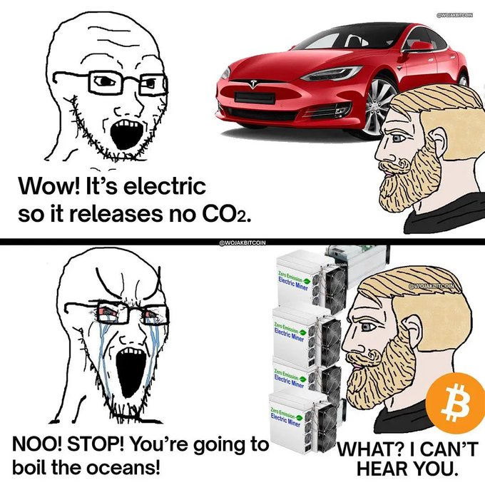 Two-panel Wojak Bitcoin meme contrasting electric cars ('releases no CO₂') with Bitcoin mining ('boil the oceans'), with the bearded Wojak saying 'WHAT? I CAN'T HEAR YOU.'