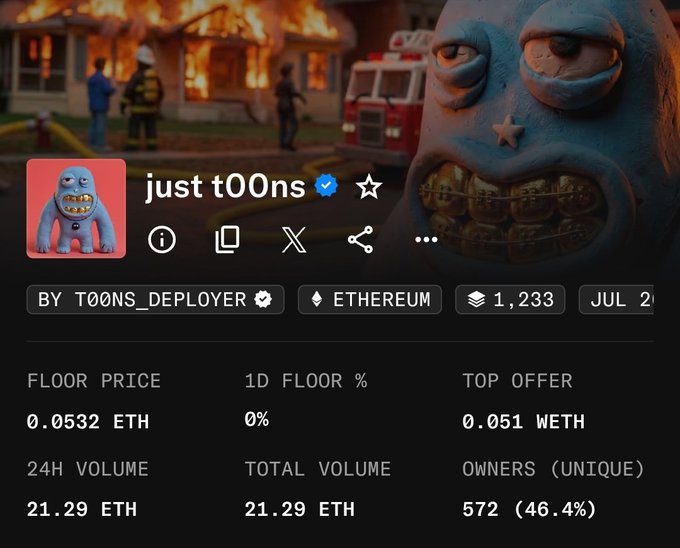 The image shows a marketplace listing for the "just t00ns" NFT collection on Ethereum, with a floor price of 0.0532 ETH, 24H volume of 21.29 ETH, and 572 unique owners, set against a backdrop featuring a fire scene with firefighters. The post highlights the project's 0.05 ETH floor price as an appealing entry point, aligning with the listing's displayed metrics showing strong activity relative to its small size.