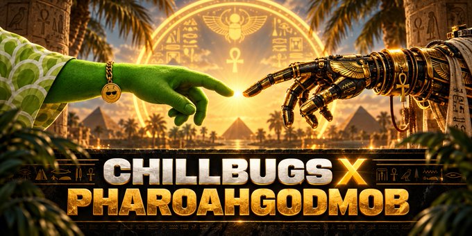 A promotional graphic for 'CHILLBUGS X PHAROAHGODMOB' showing a green hand and a golden mechanical hand reaching toward each other with Egyptian pyramids in the background.
