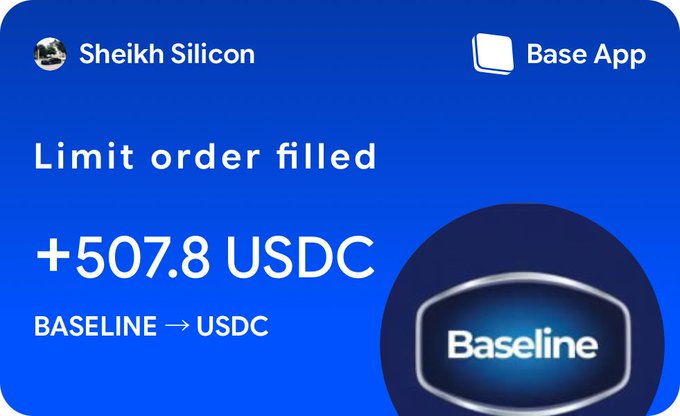 The image shows a Base App notification from Sheikh Silicon confirming a limit order filled, converting BASELINE into +507.8 USDC, illustrating the post's point about using Base App to set custom limit orders on tokens like the $BASELINE memecoin rather than accepting market prices.