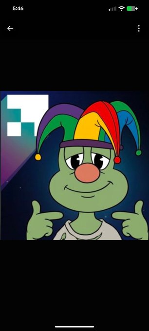 A smartphone screenshot displaying a cartoon frog character wearing a colorful jester hat and pointing to itself, set against a dark starry background.