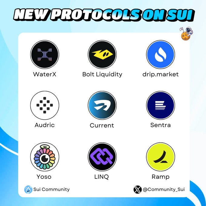 The image features a poster with various logos for different cryptocurrency exchanges or platforms. The main focus of the poster is on the new protocols that are being launched exclusively on Sui, specifically in the Payment and AI Agent sectors. These new protocols are designed to enhance the user experience and provide more efficient services within these areas. The poster also includes a small image of a person holding an orange, which adds a touch of color and creativity to the overall design.