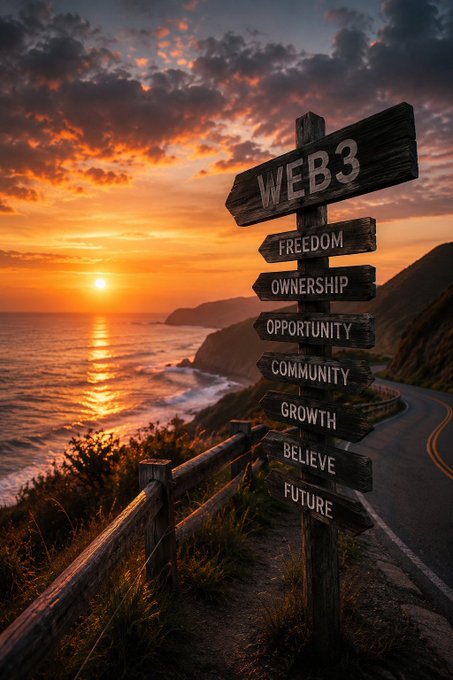 A scenic sunset over the ocean with a wooden directional signpost pointing toward 'WEB3' and concepts like 'FREEDOM', 'OWNERSHIP', 'OPPORTUNITY', and 'COMMUNITY'.